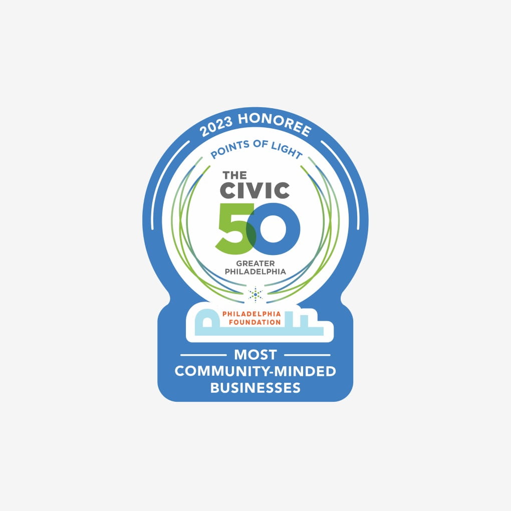 Civic 50 Greater Philadelphia award logo. It also includes the text, “2023 honoree. Most community-minded business.”