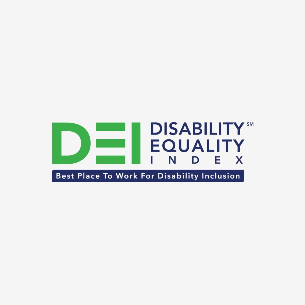 Disability Equality Index (DEI) logo. It also includes the text, “Best place to work for disability inclusion.”