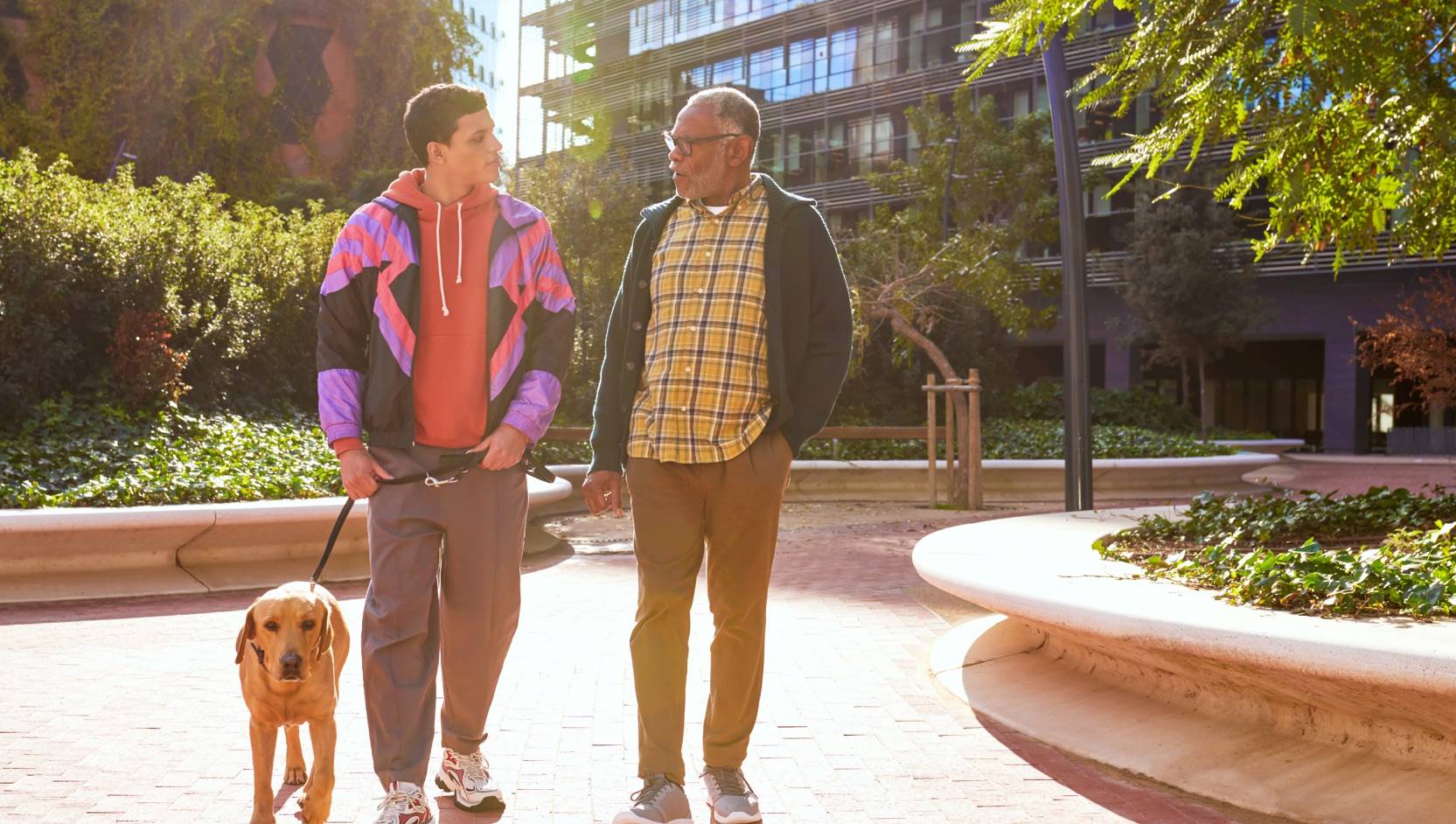 Two people wearing casual clothes walk their dog in a community park on a sunny day.