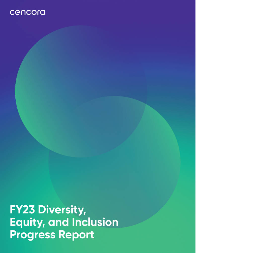 Cencora’s FY23 Diversity, Equity, and Inclusion Progress Report PDF cover thumbnail. It has two intersecting circles, one mostly blue and one mostly green merging as the colors blend. The Cencora logo is on the top left of the cover image.