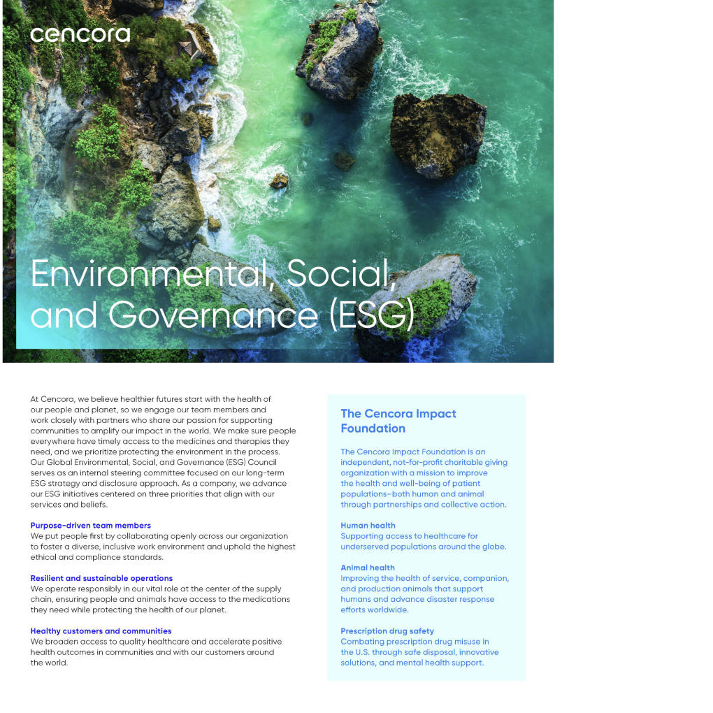 Cencora’s 2023 Environmental, Social, and Governance Report Overview PDF. The top half of the cover is an image of an overhead view of moss-covered rocks along a blue and green body of water. The bottom half is summary text of the report.