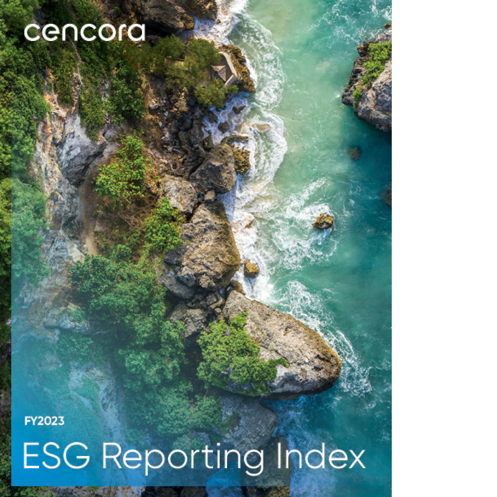 Cencora’s ESG Reporting Index PDF cover thumbnail. The image is an overhead view of moss-covered rocks along a blue and green body of water.