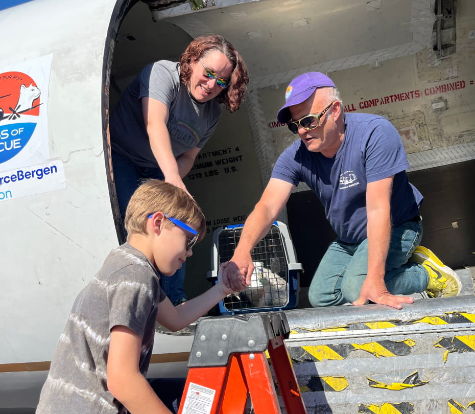 Two adults helping to lift up a child into a vehicle. Next to them in the vehicle sits a small rescue dog inside of a travel crate.